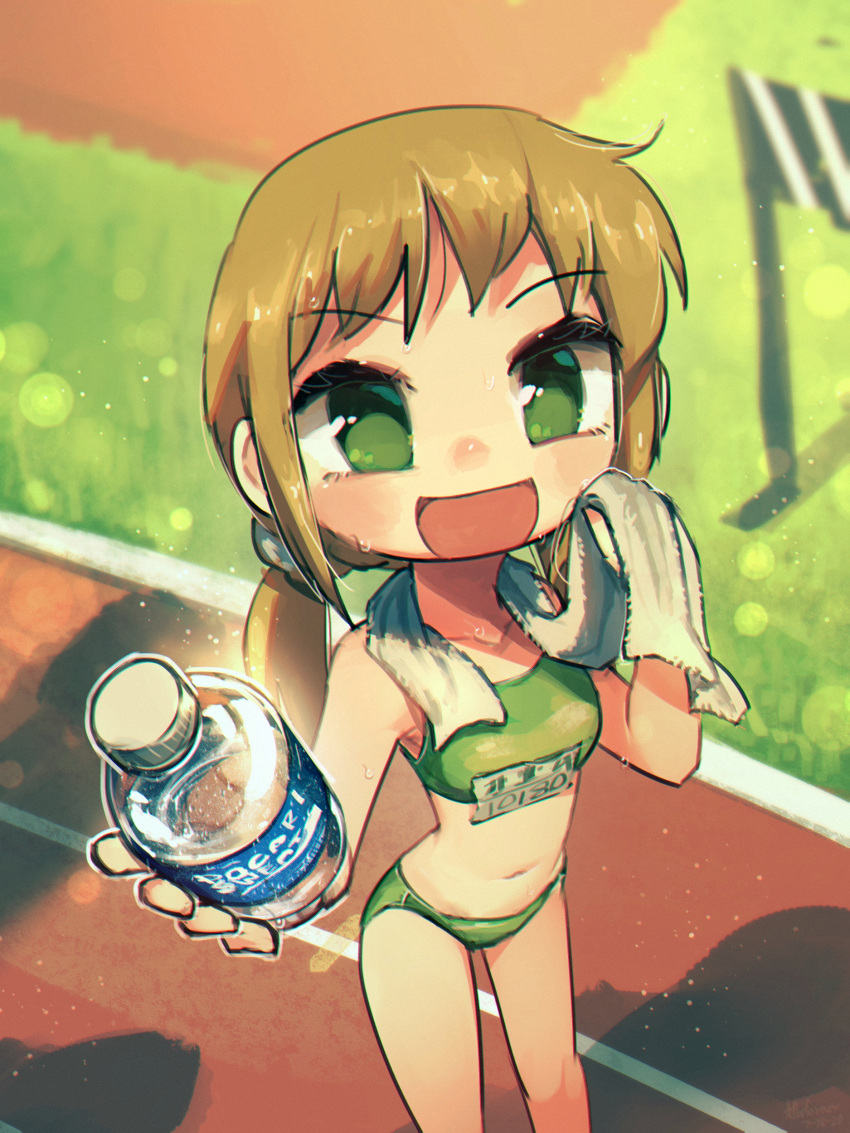 1girl :d absurdres bare_arms bare_legs bare_shoulders blush borrowed_character bottle breasts collarbone cowboy_shot from_above grass green_eyes highres holding holding_bottle looking_at_viewer name_tag navel open_mouth original outdoors pocari_sweat ponytail porforever running_track shadow small_breasts smile solo sports_bikini sportswear stomach sweat thighs towel towel_around_neck track_and_field track_uniform twintails water_bottle wiping_face