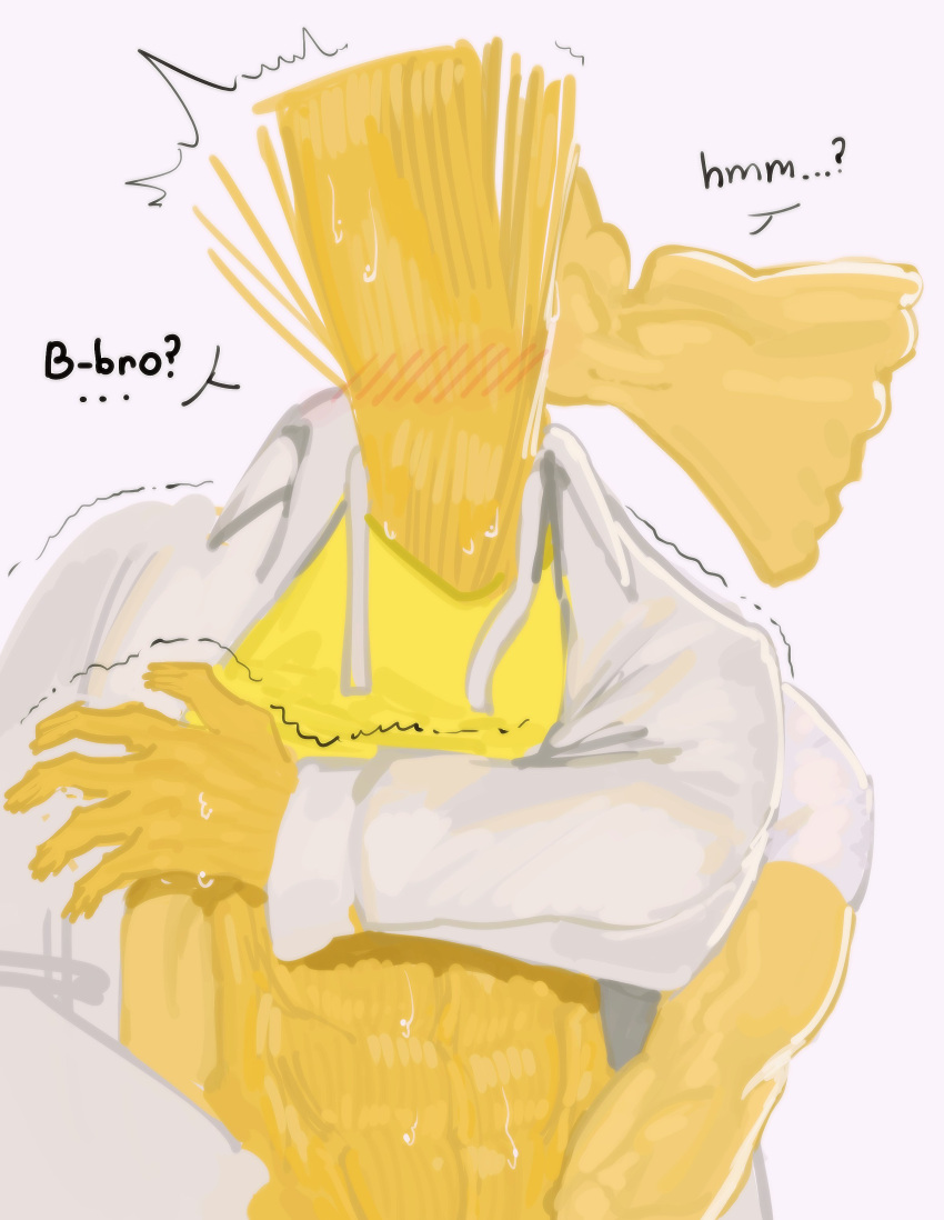 abs absurd_res blush bodily_fluids clothed clothing duo embrace featureless_face food food_creature food_humanoid hi_res humanoid kogito living_pasta male male/male not_furry pasta raised_clothing raised_shirt raised_topwear shirt sweat t-shirt topwear yellow_body