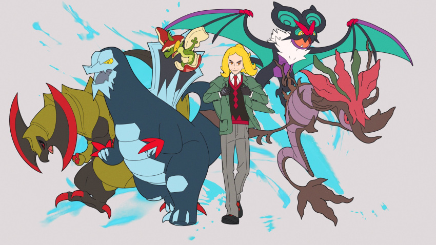 1boy baxcalibur black_footwear black_gloves black_vest blonde_hair closed_mouth commentary_request dragalge flapple gloves green_jacket grey_pants hassel_(pokemon) haxorus highres jacket long_sleeves male_focus noivern open_clothes open_jacket orange_eyes pants parted_bangs pokemon pokemon_(creature) pokemon_(game) pokemon_sv shoes smile standing u2t5k2s5 vest