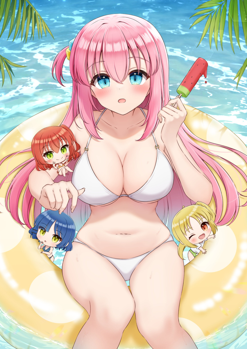 4girls :o absurdres bikini blonde_hair blue_eyes blue_hair bocchi_the_rock! breasts cube_hair_ornament food gotou_hitori green_eyes hair_ornament hand_up highres ijichi_nijika innertube kita_ikuyo large_breasts long_hair looking_at_viewer mini_person minigirl multiple_girls navel open_mouth pink_hair popsicle red_eyes red_hair side_ahoge sitting stomach swimsuit thighs very_long_hair water watermelon_bar wet white_bikini yamada_ryou yukiunag1