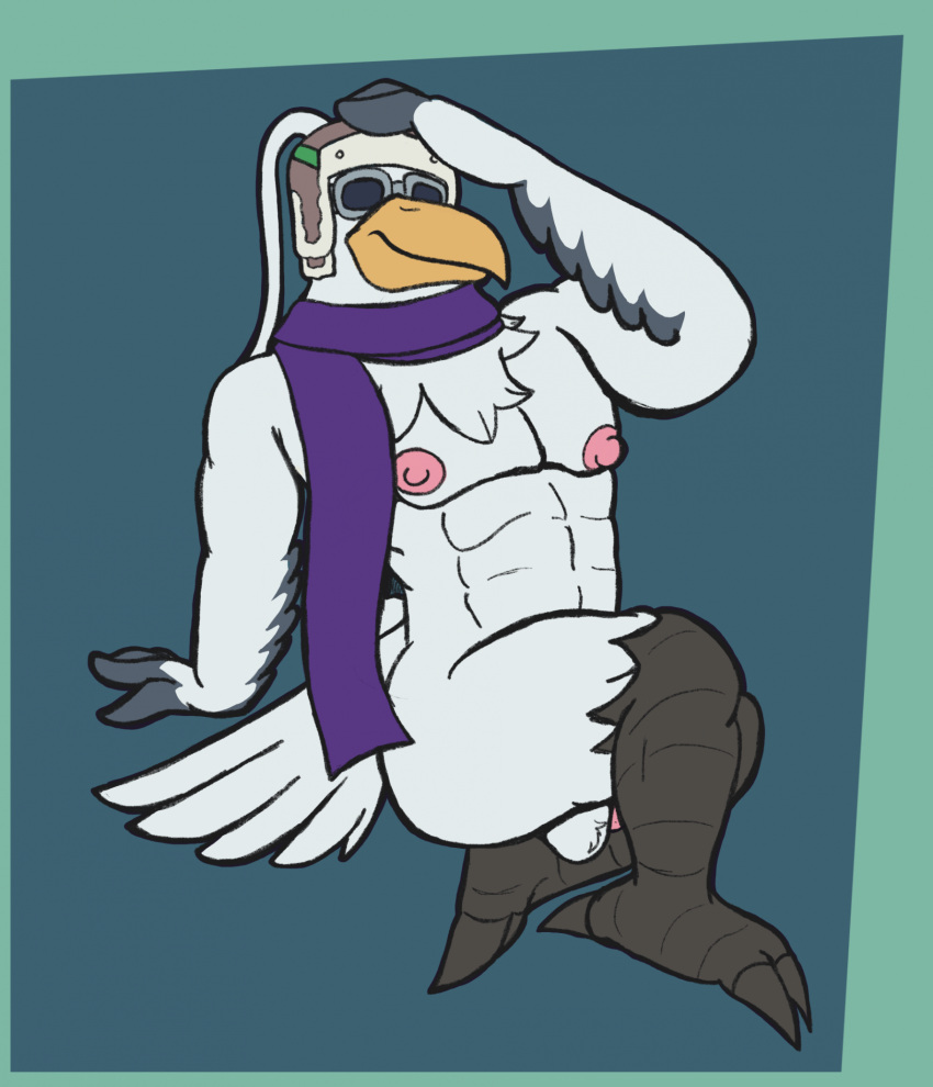 anthro avian balls black_talons chest_tuft clothing eyewear genitals goggles hat headgear headwear hi_res male mostly_nude muscular nintendo nipples penn_(totk) rito scarf scarf_only solo speence_(artist) tail tears_of_the_kingdom the_legend_of_zelda tuft winged_arms wings