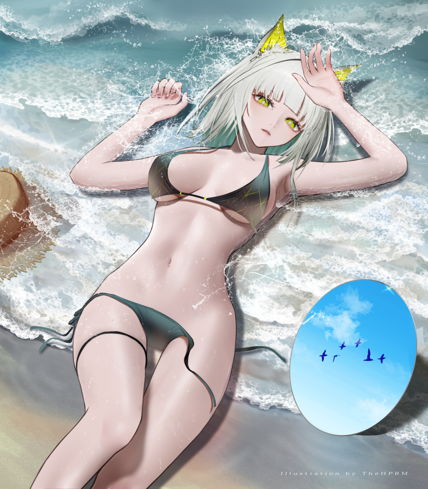 1girl absurdres animal_ear_fluff animal_ears arknights armpits arms_up artist_name beach bikini bird black_bikini blunt_bangs cat_ears collarbone green_eyes grey_hair hat hat_removed headwear_removed highres kal'tsit_(arknights) knee_up looking_at_viewer mirror navel parted_lips reflection short_hair side-tie_bikini_bottom solo stomach straw_hat swimsuit thehprm untied untied_bikini water