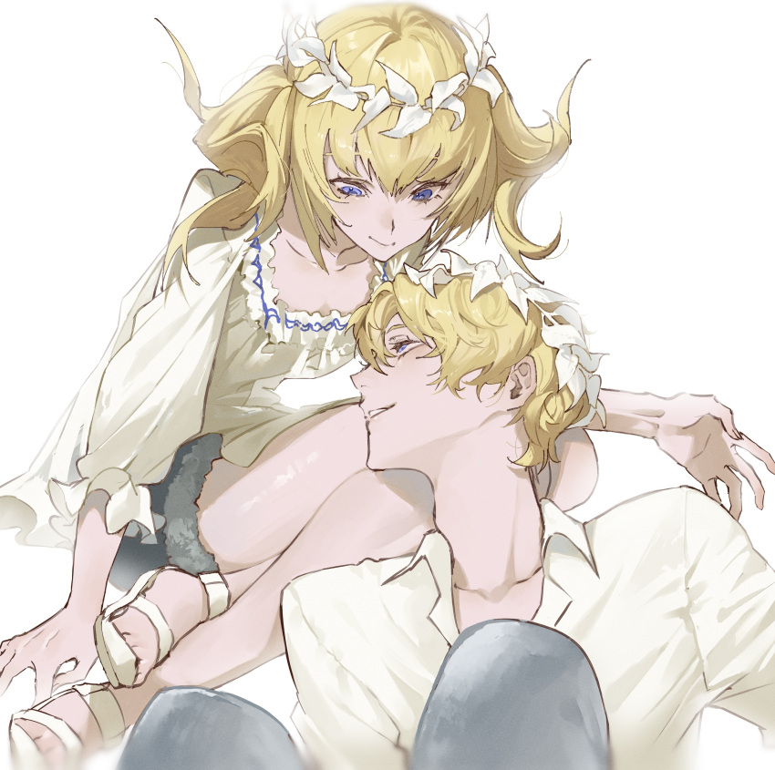 1boy 1girl absurdres adam's_apple black_shorts blonde_hair blue_eyes brother_and_sister castor_(fate) collarbone collared_shirt eye_contact eyelashes fate/grand_order fate_(series) fur-trimmed_shorts fur_trim head_wreath highres looking_at_another pollux_(fate) sandals shirt short_hair shorts siblings simple_background smile twins white_background white_footwear white_shirt zuraa_(naunau_seijin)