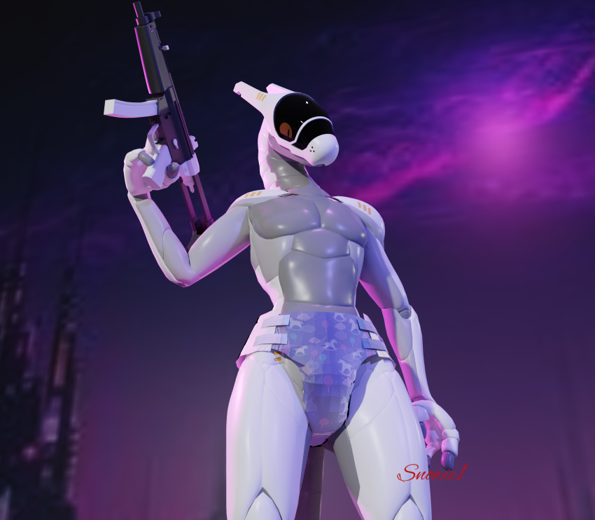 android anthro blender_(software) butt clothed clothing diaper diaper_fetish diaper_only digital_media_(artwork) gun hi_res holding_gun holding_object holding_weapon infantilism long_tail machine male pose ranged_weapon robot snowie1_(artist) solo space synth_(vader-san) tail topless visor weapon wearing_diaper
