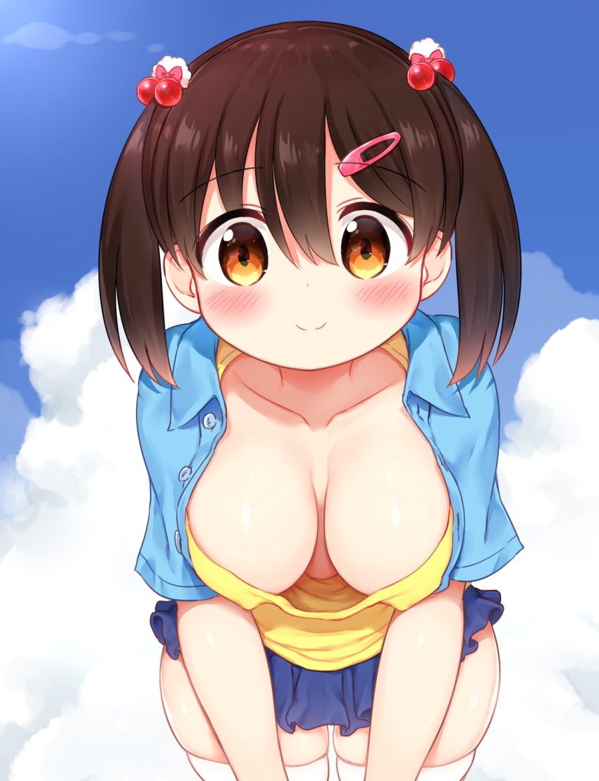 1girl black_hair blue_shirt blue_skirt blue_sky blush bow breasts cleavage cloud collarbone collared_shirt commentary_request covered_nipples day hades1580 hair_between_eyes hair_bow hair_ornament hairclip hanging highres large_breasts leaning_forward looking_at_viewer oppai_loli original outdoors shirt short_hair sidelocks skirt sky smile thighhighs white_thighhighs yellow_shirt