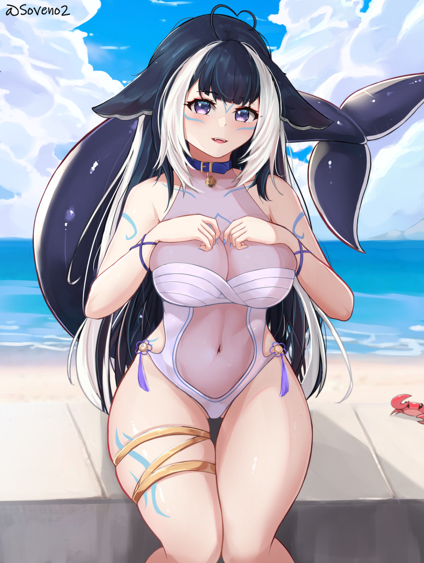 1girl absurdres ahoge animal_ears belt_collar bikini black_hair blue_bikini blue_collar blue_nails blue_sky body_markings breasts cameltoe cetacean_tail cloud collar collarbone crab criss-cross_halter day facial_mark fins fish_tail halterneck highres indie_virtual_youtuber large_breasts lips long_hair looking_at_viewer multicolored_hair nail_polish navel ocean one-piece_swimsuit open_mouth orca_girl outdoors purple_eyes see-through see-through_swimsuit shylily sitting sky smile solo soveno streaked_hair swimsuit tail thigh_strap virtual_youtuber water white_hair wrist_cuffs