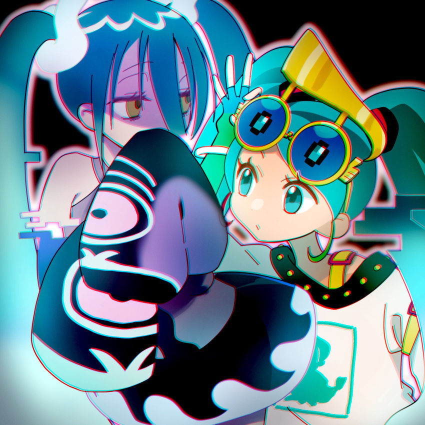 adjusting_eyewear aqua_eyes aqua_hair ghost ghost_miku_(project_voltage) glitch hair_between_eyes hand_on_eyewear hatsune_miku highres long_hair matsuruchan musical_note normal_miku_(project_voltage) pale_skin pokemon project_voltage see-through see-through_skirt shirt skirt sleeves_past_fingers sleeves_past_wrists sunglasses twintails very_long_hair vocaloid white_shirt will-o'-the-wisp_(mythology) yellow_eyes