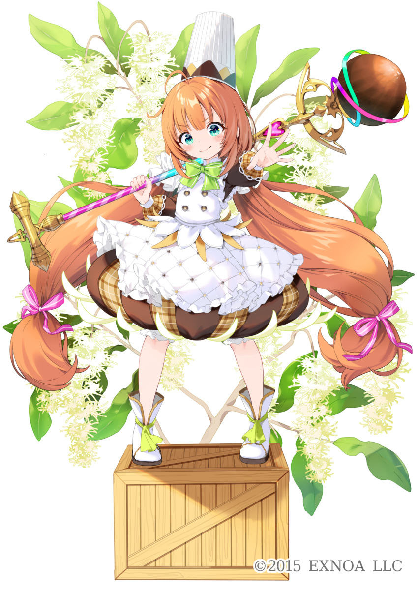 1girl ahoge apron bow brown_dress brown_hair bubble_skirt chef_hat closed_mouth dot_nose dress flower flower_knight_girl green_bow green_eyes hat highres holding holding_staff legs_apart long_hair looking_at_viewer low-tied_long_hair macadamia_(flower_knight_girl) name_connection object_namesake official_art outstretched_hand sakuma_shiki shoes simple_background skirt smile solo staff standing_on_box twintails white_apron white_background white_footwear