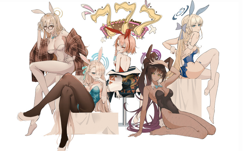 5girls absurdres akane_(blue_archive) akane_(bunny)_(blue_archive) animal_ears ass asuna_(blue_archive) asuna_(bunny)_(blue_archive) back backless_leotard bare_shoulders barefoot black_hair black_jacket black_leotard black_pantyhose blonde_hair blue_archive blue_bow blue_eyes blue_halo blue_leotard blunt_bangs blush bow braid breasts brown_jacket cleaning_&amp;_clearing_(blue_archive) cleavage commentary_request crossed_legs dark-skinned_female dark_skin detached_collar duona fake_animal_ears fake_tail feet fishnet_pantyhose fishnets french_braid full_body glasses gloves gradient_hair hair_over_one_eye halo hand_up high_heels highleg highleg_leotard highres jacket karin_(blue_archive) karin_(bunny)_(blue_archive) large_breasts leotard long_hair looking_at_viewer looking_back medium_breasts multicolored_hair multiple_girls neru_(blue_archive) neru_(bunny)_(blue_archive) no_shoes off_shoulder official_alternate_costume on_chair one_eye_covered pantyhose pink_hair plaid plaid_jacket playboy_bunny purple_hair purple_halo rabbit_ears red_eyes red_leotard side_braid simple_background sitting smile strapless strapless_leotard tail thighhighs thighs toki_(blue_archive) toki_(bunny)_(blue_archive) very_long_hair white_background white_footwear white_gloves white_leotard white_pantyhose white_thighhighs wrist_cuffs