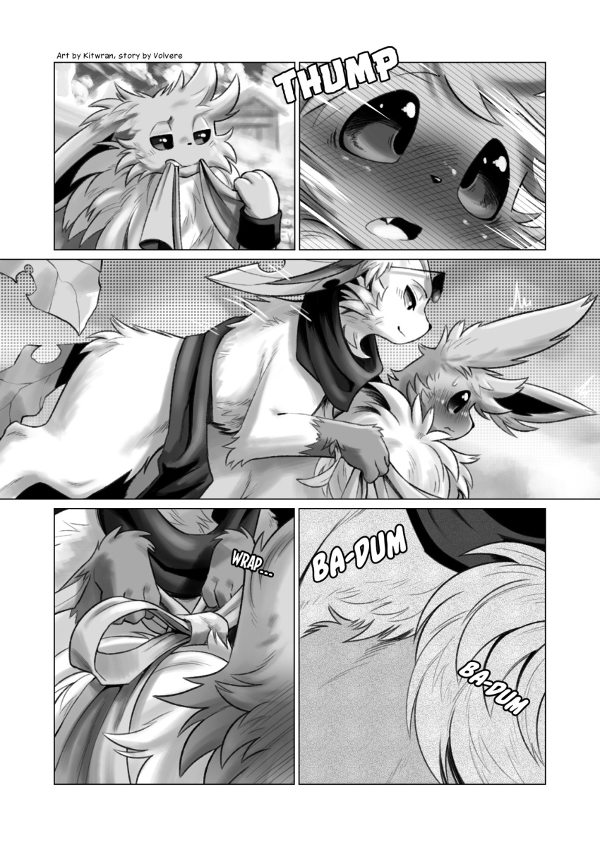 2023 blush bodily_fluids comic cuddling dew_(volvere) doujinshi duo eevee eeveelution english_text eyewear feral generation_1_pokemon generation_4_pokemon hi_res kerchief kitwran leafeon male male/male nintendo open_mouth pokemon pokemon_(species) pokemon_mystery_dungeon scarf smile sunglasses sweat text yew_(kitwran)