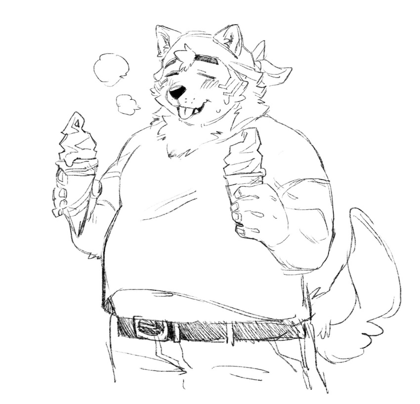 anthro bandanna belly belt blush canid canine canis clothing dessert domestic_dog eyebrows food hi_res ice_cream ice_cream_cone kerchief lifewonders live_a_hero male mammal mokdai navel overweight shirt sketch solo t-shirt thick_eyebrows tongue tongue_out topwear touuuda