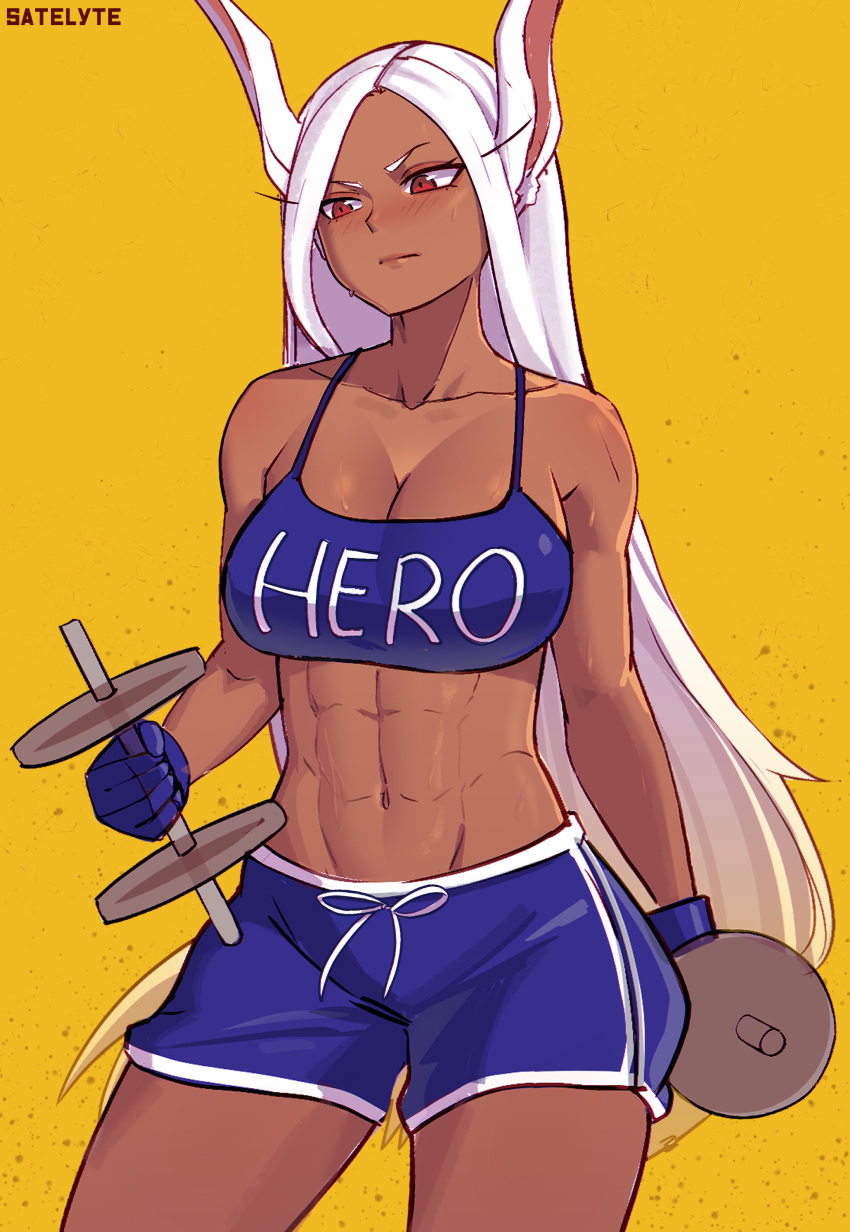 1girl abs absurdres alternate_costume animal_ears artist_name blue_gloves blue_shorts blue_sports_bra boku_no_hero_academia breasts cleavage closed_mouth dark-skinned_female dark_skin dumbbell exercise gloves highres large_breasts long_hair mirko muscular muscular_female navel rabbit_ears rabbit_girl red_eyes satelyte shorts simple_background solo sports_bra weightlifting white_hair yellow_background