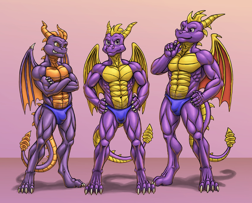 activision anthro anthrofied blue_briefs blue_clothing blue_underwear briefs bulge clothing dragon group horn j-cock male muscular muscular_anthro muscular_male purple_body scales skylanders spyro spyro_reignited_trilogy spyro_the_dragon the_legend_of_spyro trio underwear wings yellow_body yellow_scales