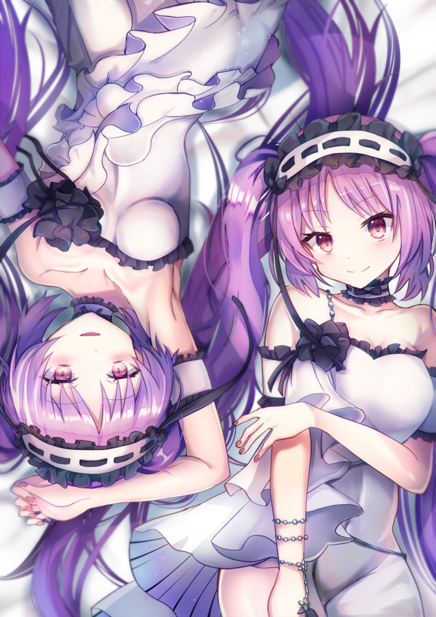 2girls bracelet breasts choker dress euryale_(fate) fate/grand_order fate_(series) frilled_choker frilled_hairband frills fukiya_(fumiakitoyama) hairband highres jewelry lolita_hairband lying multiple_girls on_back purple_eyes purple_hair rotational_symmetry stheno_(fate) strapless strapless_dress twintails white_dress