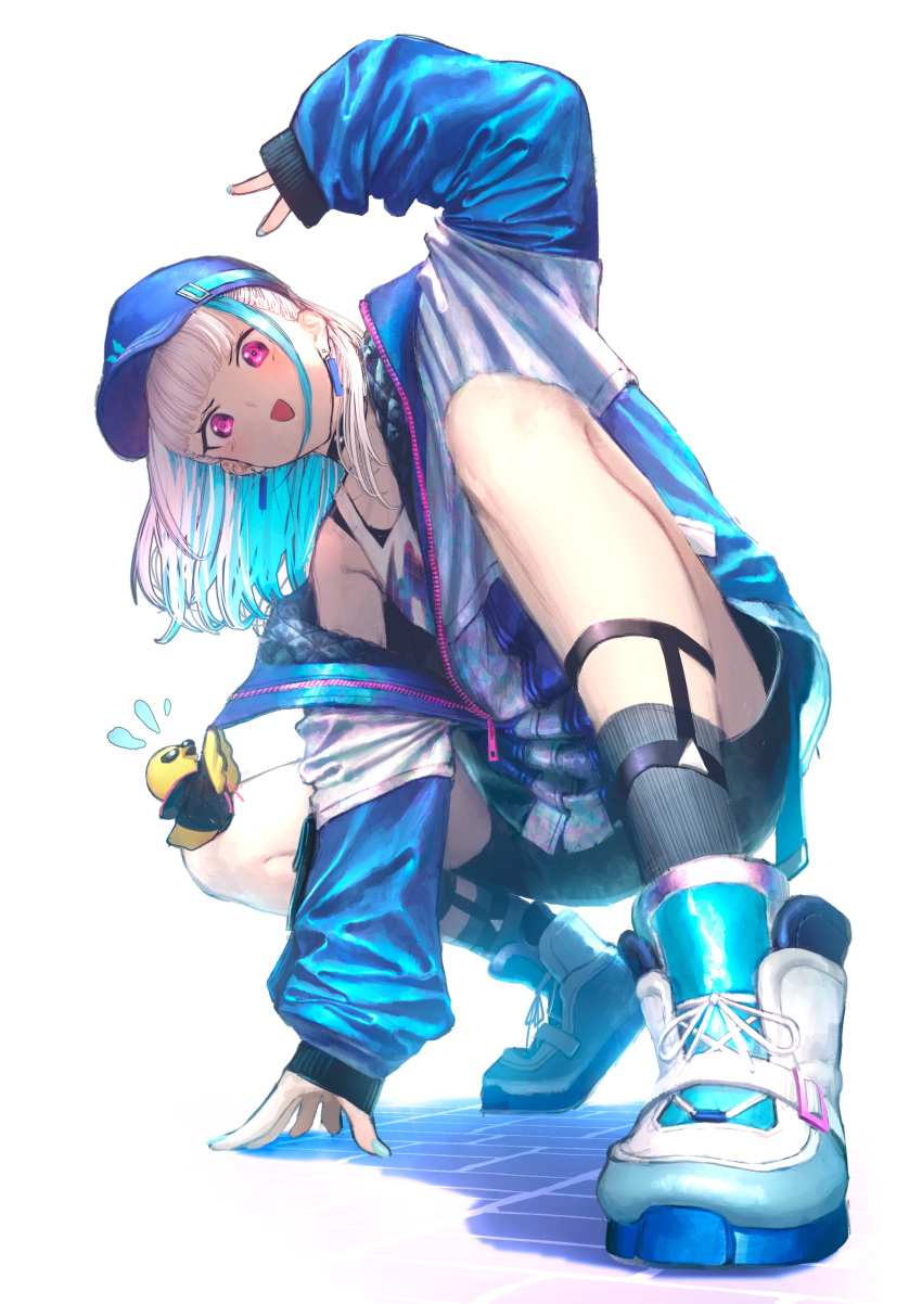 1girl :d absurdres bare_shoulders baseball_cap bird black_choker black_shorts black_tank_top blue_hair blue_headwear blue_jacket blue_nails blunt_bangs chick choker colored_inner_hair doya_(doya_oekaki) earrings graffiti grey_socks hand_on_floor hat highres hood hoodie jacket jewelry lize_helesta lize_helesta_(9th_costume) looking_at_viewer medium_hair multicolored_hair nail_polish nijisanji off_shoulder partially_unzipped purple_eyes sebastian_piyodore shoes shorts simple_background sitting sleeves_past_wrists smile sneakers socks solo squatting sunglasses tank_top two-tone_hair v virtual_youtuber white_background white_hair white_tank_top zipper zipper_pull_tab