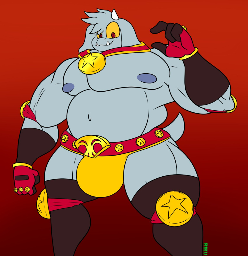 anthro bovid bulge caprine championship_belt enfer_belial goat hi_res horn kings_of_hell male mammal muscular muscular_anthro muscular_male navel nipples pecs red_eyes riku9797 solo tusks wrestling_briefs yellow_sclera