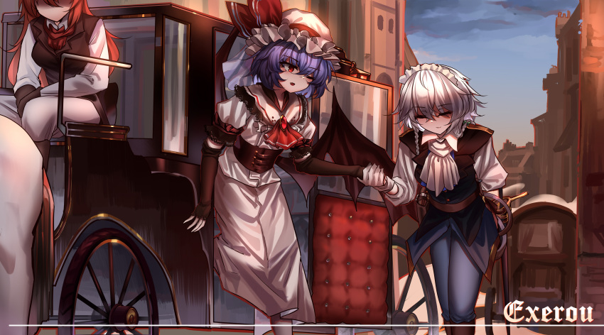 3girls absurdres ascot black_gloves black_jacket blue_pants braid closed_eyes commentary_request elbow_gloves fingerless_gloves gloves grey_hair hat hat_ribbon highres hong_meiling izayoi_sakuya jacket long_hair looking_at_another maid maid_headdress medium_hair mob_cap multiple_girls one_eye_closed outdoors pants purple_hair red_ascot red_eyes red_hair red_ribbon remilia_scarlet ribbon shirt short_hair side_braids signature sky top-exerou touhou twin_braids white_ascot white_headwear white_shirt