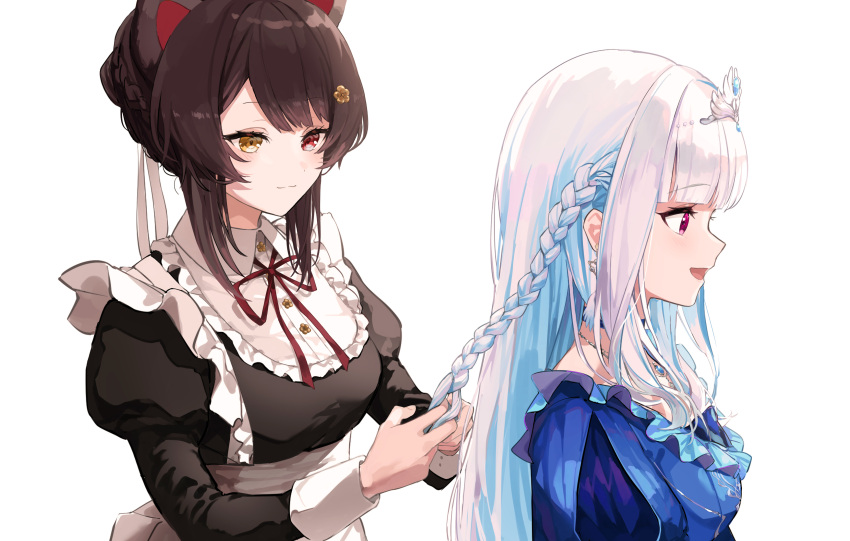 2girls absurdres animal_ears apron aqua_hair black_dress blue_choker blue_dress blunt_bangs braid braiding_hair brown_hair choker colored_inner_hair dog_ears dress flower frilled_dress frills from_side hair_flower hair_ornament hair_ribbon hairdressing heterochromia highres holding_another's_hair inui_toko jewelry juliet_sleeves lize_helesta long_sleeves looking_at_another looking_to_the_side maid_apron multicolored_hair multiple_girls neck_ribbon necklace nijisanji open_mouth puffy_sleeves purple_eyes red_eyes red_ribbon ribbon rinderon0722 sidelocks simple_background smile tiara virtual_youtuber waist_apron white_background white_hair white_ribbon wrist_cuffs yellow_eyes