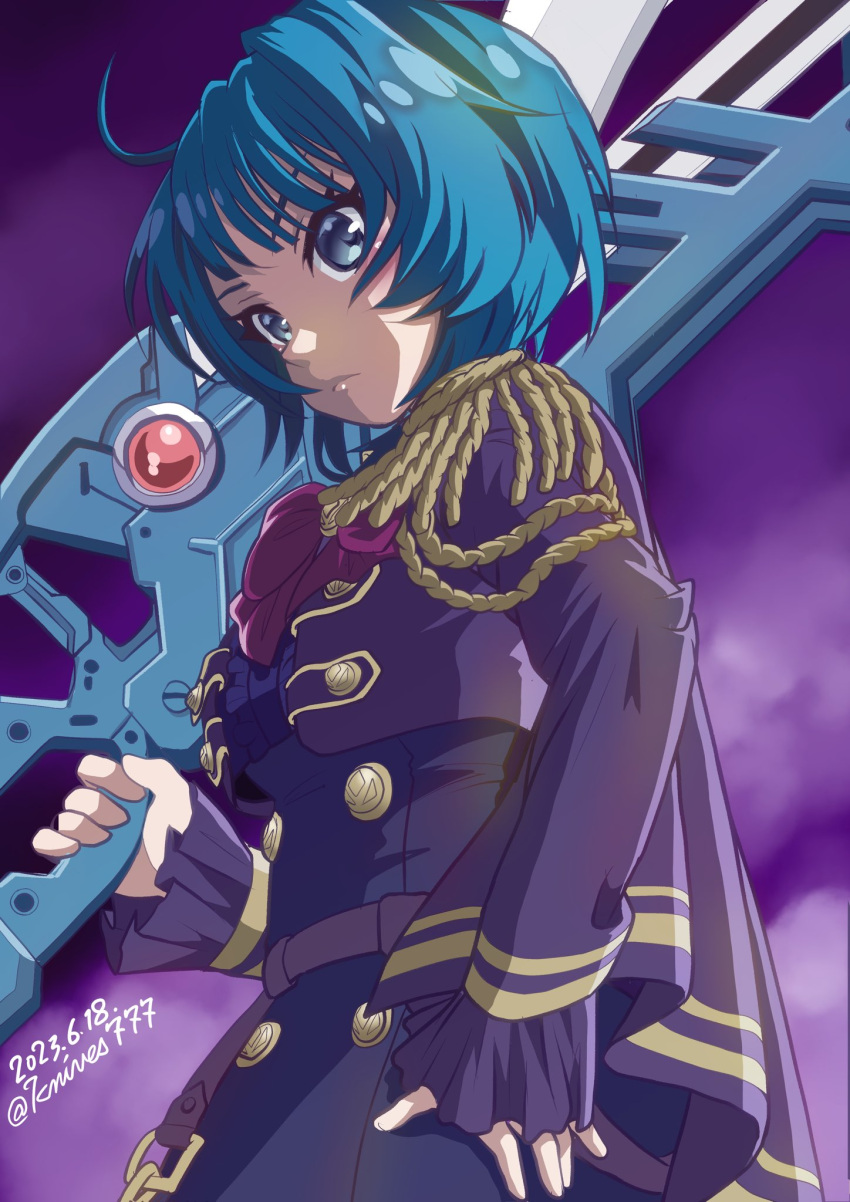 1girl ahoge aizawa_kazuha assault_lily belt blue_eyes blue_hair blue_shirt blue_skirt bow bowtie breasts buttons capelet center_frills closed_mouth commentary_request cowboy_shot cropped_jacket dated epaulettes frilled_shirt frilled_sleeves frills from_below from_side gradient_background hand_on_own_hip hand_up high-waist_skirt highres holding holding_weapon jacket knives_(knives777) long_sleeves looking_at_viewer looking_to_the_side medium_breasts official_alternate_costume open_clothes open_jacket over_shoulder purple_background purple_belt purple_capelet purple_jacket red_bow red_bowtie shirt short_hair sideways_glance skirt sleeves_past_wrists solo standing twitter_username v-shaped_eyebrows weapon weapon_over_shoulder