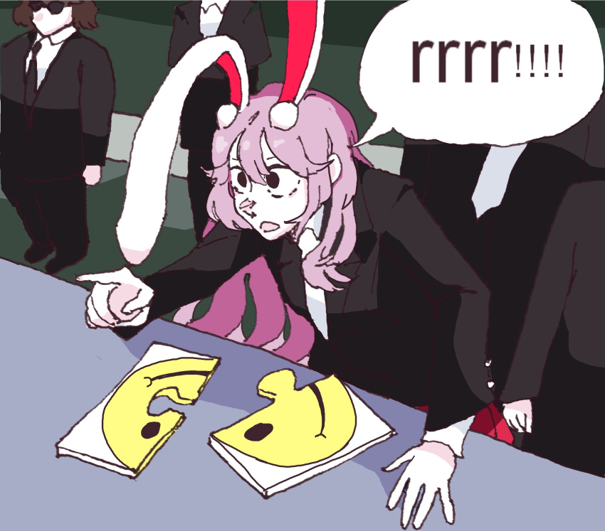 1girl animal_ears black_eyes black_jacket blazer collared_shirt commentary english_commentary english_text formal hand_on_table headhonchkrow highres jacket long_hair long_sleeves meme ok_smart_guy!_let's_see_you_take_a_crack_at_it!_(meme) open_mouth people pointing purple_hair puzzle_piece rabbit_ears rabbit_girl red_skirt reisen_udongein_inaba shirt skirt solo_focus speech_bubble standing table touhou very_long_hair white_shirt