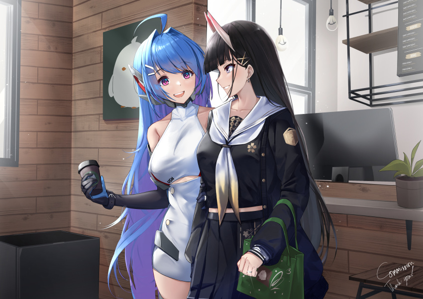 2girls :d absurdres azur_lane bag bare_shoulders black_gloves black_hair black_serafuku black_shirt black_skirt blue_hair blush breasts buttons clothing_cutout commission crop_top cup day demon_girl demon_horns double-breasted dress earrings elbow_gloves english_commentary facing_viewer gloves grin hair_ornament hairclip hand_up happy helena_(azur_lane) highres hip_focus holding holding_bag holding_cup horns indoors irkawaza jewelry long_hair looking_at_another looking_at_viewer looking_to_the_side medium_breasts midriff multiple_girls neckerchief noshiro_(azur_lane) oni_horns purple_eyes sakura_empire_(emblem) school_uniform serafuku shirt skirt sleeveless sleeveless_dress smile star_(symbol) star_earrings teeth underboob_cutout upper_teeth_only very_long_hair white_dress white_neckerchief