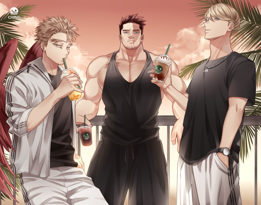 3boys bara best_jeanist black_pants black_shirt black_tank_top blonde_hair blue_eyes bob_cut boku_no_hero_academia breasts brown_eyes chest_hair ching_32 closed_mouth drink drinking drinking_straw earrings endeavor_(boku_no_hero_academia) eye_tattoo facial_hair forked_eyebrows goatee green_eyes hand_in_pocket hawks_(boku_no_hero_academia) holding holding_drink iced_coffee jacket jewelry large_pectorals leaning_back looking_at_viewer male_focus mature_male multiple_boys muscular muscular_male mustache_stubble necklace open_clothes open_jacket palm_tree pants pectoral_cleavage pectorals red_hair red_wings scar scar_across_eye scar_on_chest scar_on_face shirt short_hair sideboob sideburns stud_earrings sunset sweatpants tank_top thick_eyebrows toned toned_male tree watch wavy_hair white_jacket white_pants white_shirt wings wristwatch