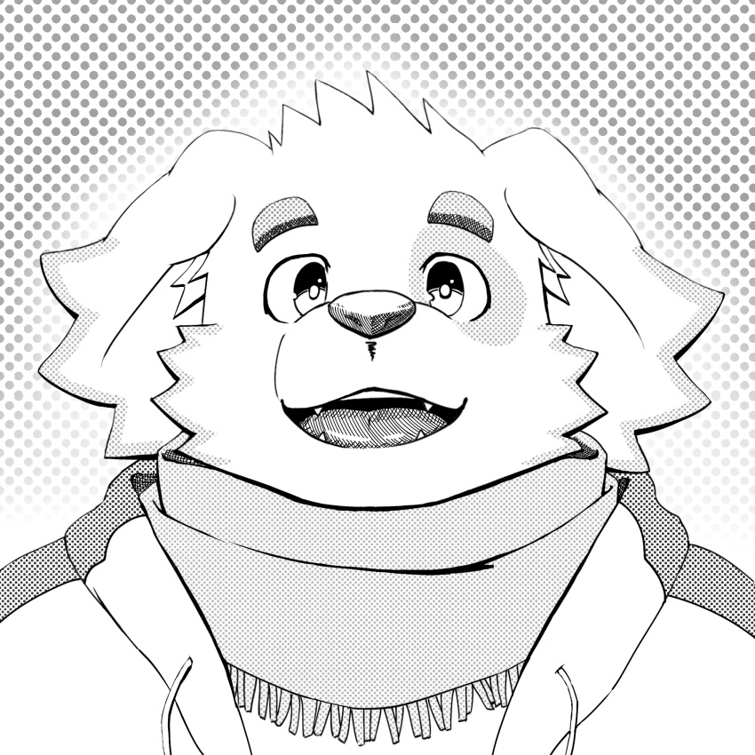 anthro bird_dog bust_portrait canid canine canis cu_sith_(tas) domestic_dog eye_spot floppy_ears golden_retriever hi_res hunting_dog lifewonders line_art long_ears lune_draw male mammal portrait retriever scarf smile solo tokyo_afterschool_summoners