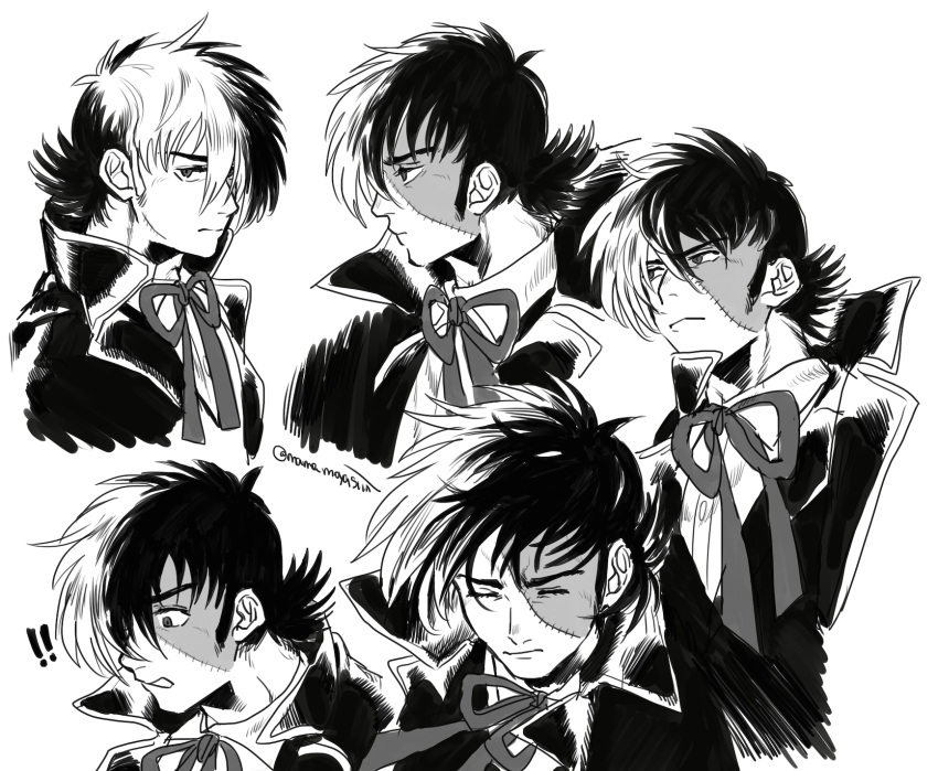 ! !! 1boy artist_name black_jack_(character) black_jack_(series) bow bowtie clenched_teeth coat collared_shirt expressions flinch frown greyscale highres lapels long_sideburns looking_at_viewer male_focus mame_moyashi monochrome multicolored_hair multiple_views notched_lapels open_clothes open_coat patchwork_skin scar scar_on_cheek scar_on_face serious shirt short_hair sideburns simple_background split-color_hair stitched_face stitches teeth twitter_username wind wing_collar