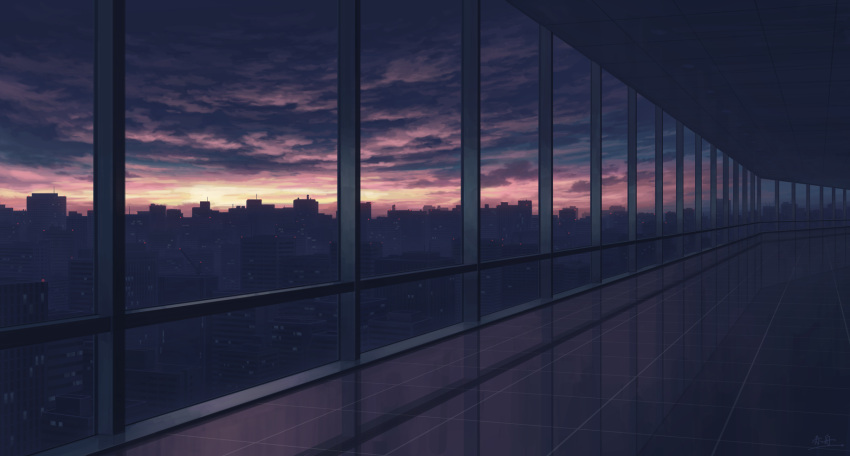 akafune building ceiling city cityscape cloud cloudy_sky commentary_request evening highres indoors no_humans original reflective_floor scenery signature sky skyline sunset tile_ceiling tile_floor tiles window