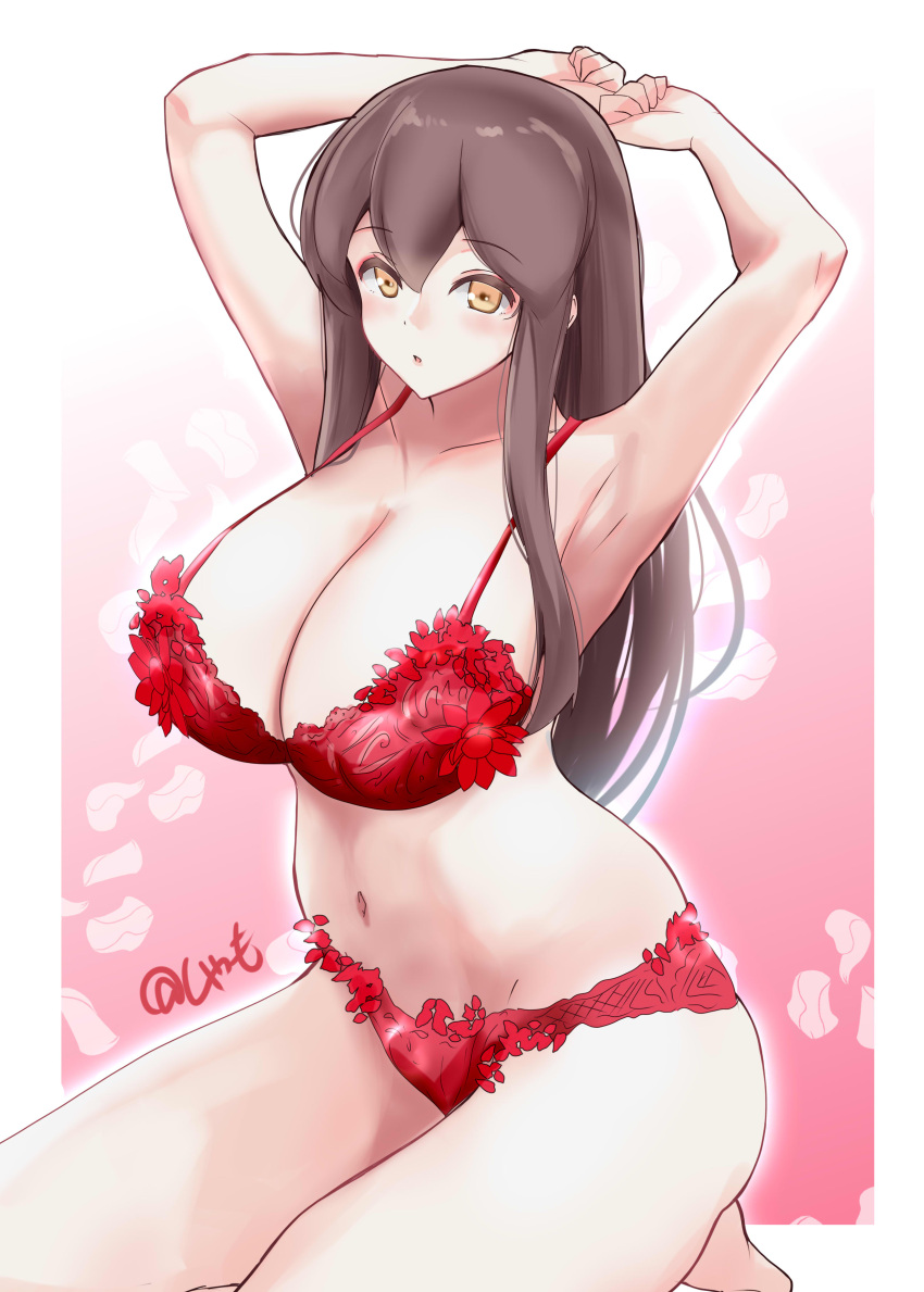 1girl absurdres akagi_(kancolle) arm_up bra breasts brown_eyes brown_hair cleavage collarbone highres kantai_collection large_breasts long_hair looking_at_viewer looking_to_the_side navel panties red_bra red_panties shamo_(ptwmjgda) solo underwear