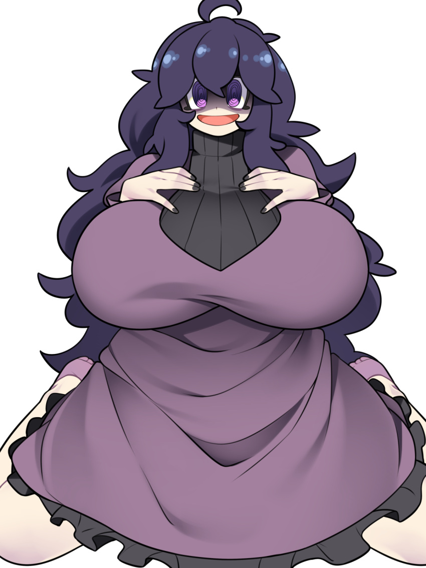 1girl @_@ ahoge alternate_breast_size bellupup breasts dress hair_between_eyes hair_over_eyes hex_maniac_(pokemon) highres huge_breasts long_dress long_hair long_sleeves looking_at_viewer open_mouth pokemon pokemon_(game) pokemon_xy purple_dress purple_eyes purple_hair shaded_face simple_background sitting solo straight-on turtleneck wariza white_background