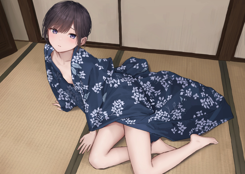 1girl absurdres akipeko bare_legs barefoot black_hair blue_kimono blush breasts collarbone commentary downblouse feet floral_print from_above full_body furrowed_brow highres indoors japanese_clothes kimono looking_at_viewer naked_kimono on_floor original parted_lips purple_eyes sitting sliding_doors small_breasts solo swept_bangs tatami yokozuwari yukata