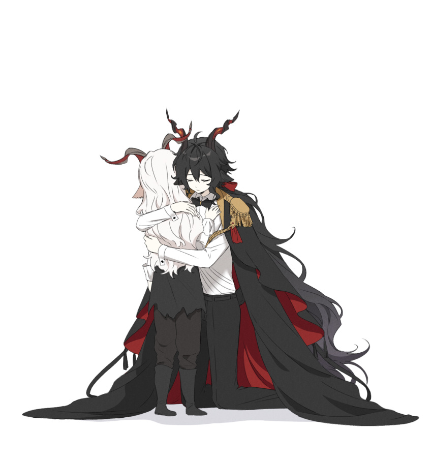 2boys animal_ears arknights black_bow black_bowtie black_cape black_footwear black_hair black_jacket black_pants boots bow bowtie cape closed_eyes closed_mouth collared_shirt dress_shirt ebenholz_(arknights) epaulettes hair_between_eyes highres horns hug jacket kneeling kreide_(arknights) long_hair male_focus multiple_boys pants rio_(rio773) shadow shirt simple_background standing very_long_hair white_background white_hair white_shirt