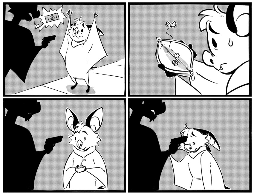 absurd_res anthro bat big_ears bodily_fluids coin comic comic_panel dan_(danglebat) danglebat duo greyscale gun hi_res humor joke kristalkarma male mammal money monochrome ranged_weapon robber robbery sweat sweatdrop thief tired tired_expression tired_eyes tired_look tired_of_this_shit wallet wallet_moth weapon