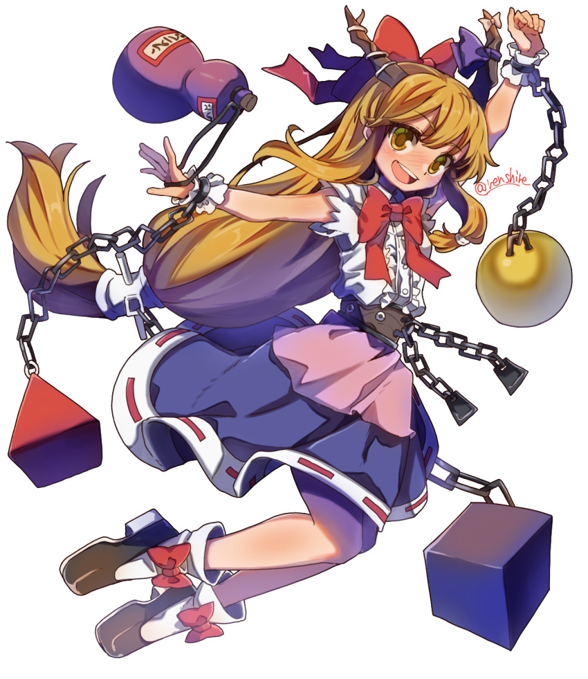 bow bowtie brown_eyes brown_hair chain commentary cube footwear_bow hair_bow highres horn_bow horn_ornament horns ibuki_suika long_hair looking_at_viewer one-hour_drawing_challenge open_mouth orb purple_bow pyramid_(structure) red_bow red_bowtie renshirenji ribbon-trimmed_skirt ribbon_trim shirt socks teeth torn_clothes torn_sleeves touhou twitter_username upper_teeth_only very_long_hair white_shirt white_socks wrist_cuffs