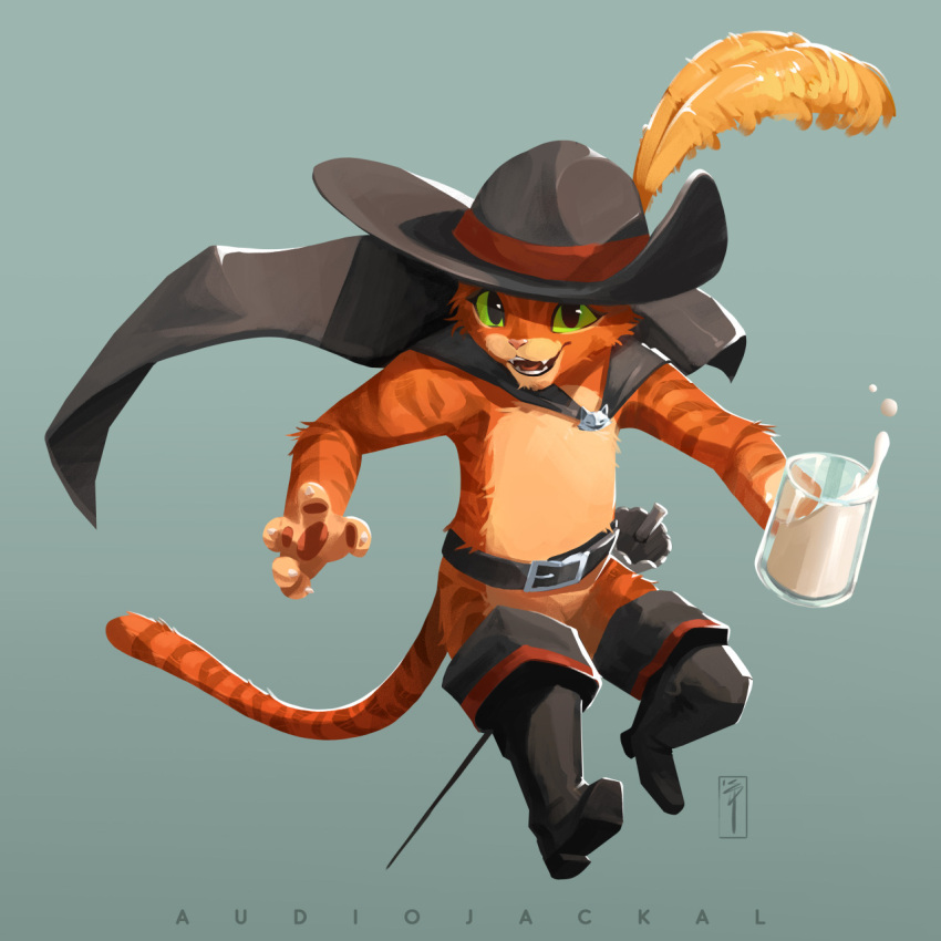 anthro belt belt_buckle black_pupils boots cape clasp clothing container cup domestic_cat dreamworks felid feline felis fluffy footwear fur glass glass_container glass_cup green_eyes green_sclera grey_background half_clothed half_naked happy hat_feather headgear headwear hi_res holding_object legwear long_tail looking_at_viewer loose_feather male mammal markings melee_weapon milk ookuru orange_body orange_fur orange_pawpads orange_stripes pawpads pink_nose pupils puss_in_boots_(dreamworks) puss_in_boots_(film) puss_in_boots_the_last_wish rapier sharp_fangs sharp_teeth signature simple_background smile solo striped_body striped_fur striped_markings striped_tail stripes sword tabby_cat tail tail_markings teeth thigh_boots thigh_highs tongue weapon white_pupils