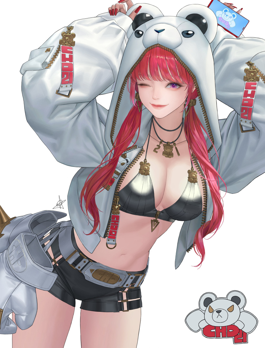 1girl absurdres animal_hood arms_up belt bikini bikini_top_only breasts daeho_cha highres hood hooded_jacket jacket jewelry large_breasts leaning_forward long_hair looking_at_viewer navel necklace one_eye_closed open_clothes open_jacket original shorts smile solo swimsuit twintails white_background
