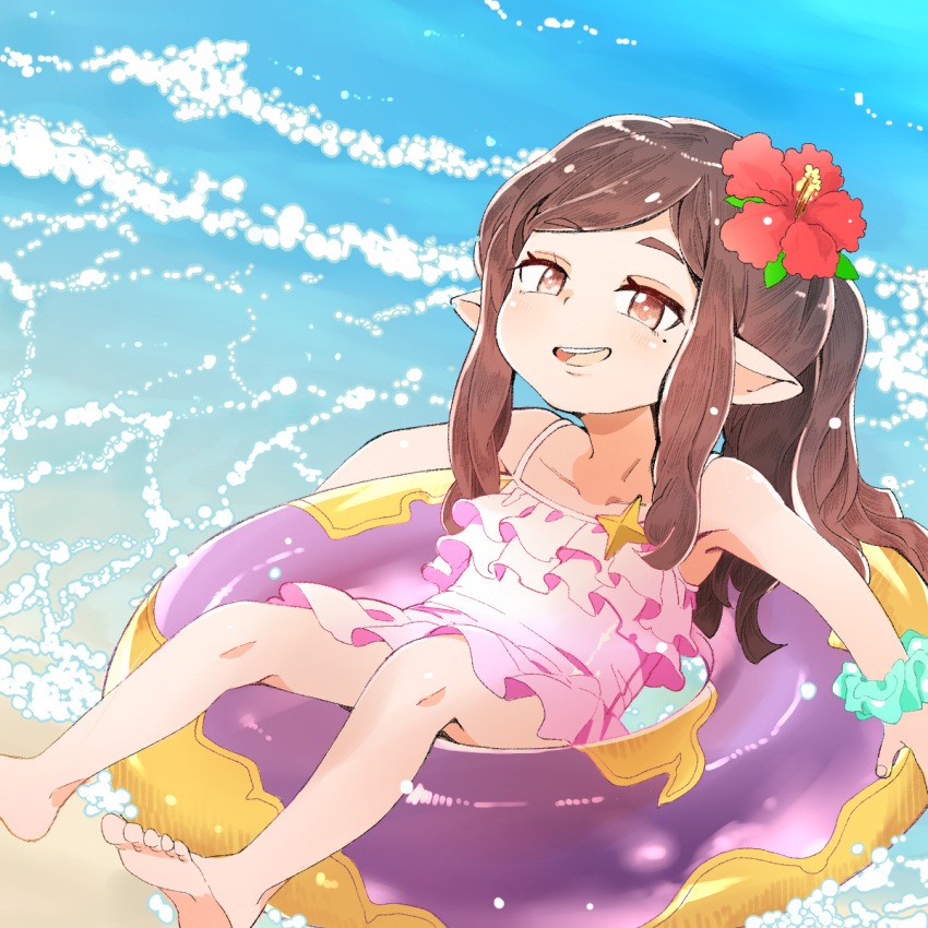 1girl arulumaya beach brown_eyes brown_hair flower granblue_fantasy hair_flower hair_ornament harvin highres innertube long_hair mole mole_under_eye one-piece_swimsuit pointy_ears ponytail smile solo swimsuit water yucopi