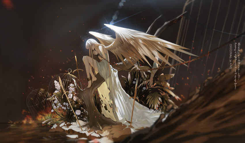 1girl absurdres angel angel_wings at_wang bare_shoulders barefoot birdcage cage chain cuffs dress english_text flower glint grey_hair highres knees_up long_hair original own_hands_clasped own_hands_together praying shackles sitting solo torn_clothes torn_dress wings
