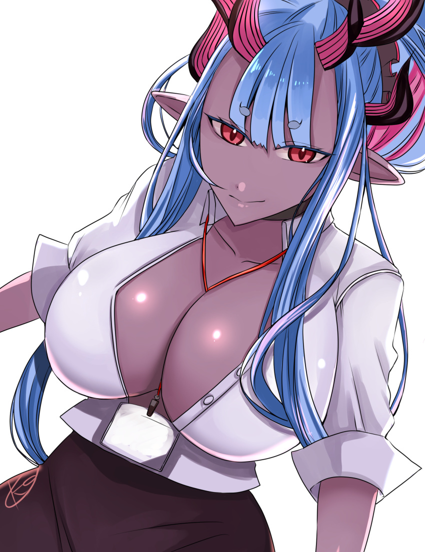 1girl absurdres black_skirt blue_hair blush breasts center_opening choker cleavage collared_shirt colored_skin dress_shirt eyeliner fate/grand_order fate_(series) fishnet_pantyhose fishnets grey_skin hair_between_eyes hair_bun hair_ornament hair_scrunchie highres horns ibuki_douji_(fate) kankitsu_kei large_breasts long_hair long_sleeves looking_at_viewer makeup multicolored_hair office_lady official_alternate_costume oni oni_horns pantyhose pencil_skirt pink_hair pointy_ears red_eyes scrunchie shirt sidelocks single_hair_bun skirt smile solo white_shirt