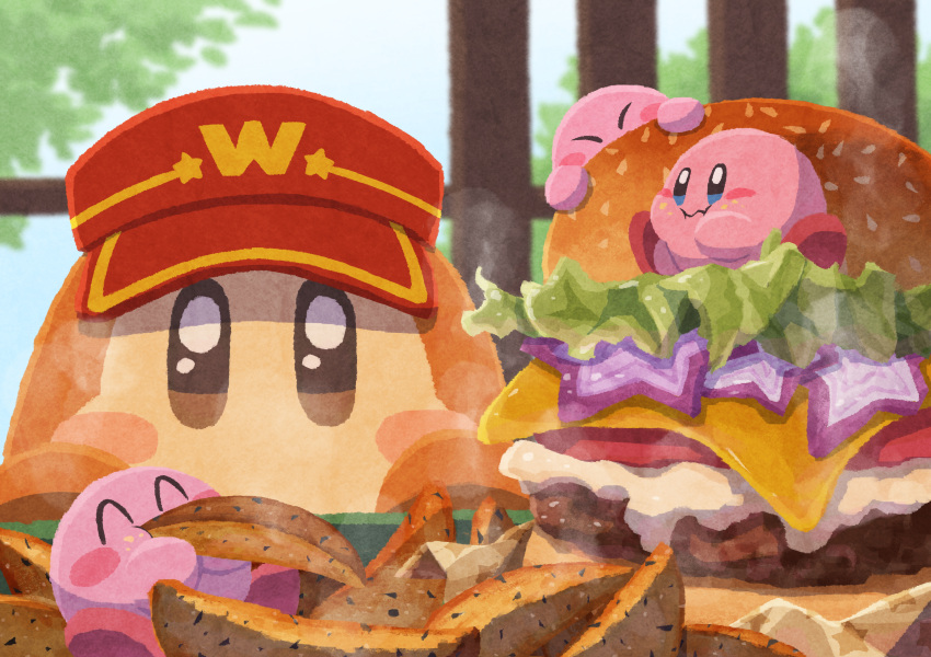absurdres blue_eyes blush_stickers brown_eyes burger cheese closed_mouth eating food food_focus highres kirby kirby_(series) lettuce miclot no_humans pink_footwear potato_wedges sauce shoes sparkling_eyes steam tomato visor_cap waddle_dee window