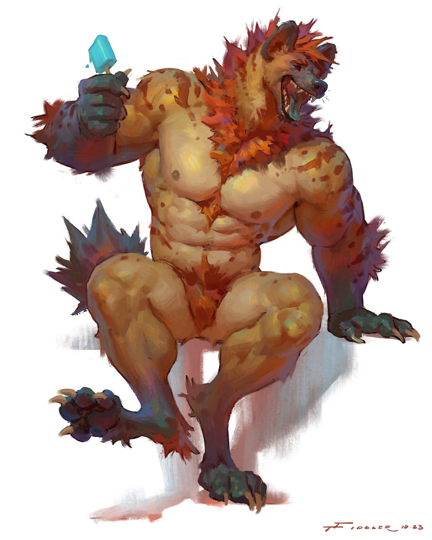 2023 anthro barazoku brown_body brown_fur chest_fur crotch_tuft digital_drawing_(artwork) digital_media_(artwork) eyebrows food fur hi_res holding_food holding_object holding_popsicle hyena male mammal muscular muscular_anthro muscular_male navel nipples open_mouth open_smile popsicle simple_background sitting smile solo tail tan_body tan_fur taran_fiddler teeth tongue tongue_out tuft were werehyena whiskers white_background
