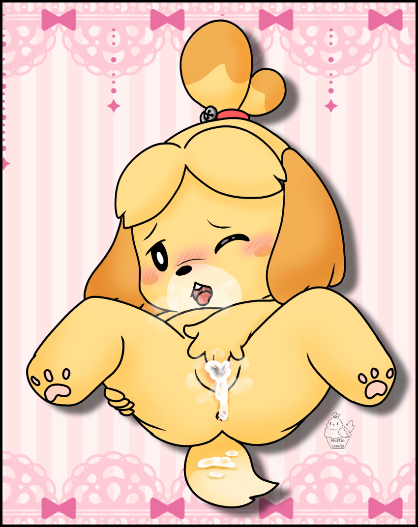 absurd_res animal_crossing anthro blush bodily_fluids canid canine canis cum digital_media_(artwork) domestic_dog female fingering fur genital_fluids genitals hi_res isabelle_(animal_crossing) lying mammal masturbation muffinlewds nintendo nude on_back one_eye_closed open_mouth pussy shih_tzu solo spread_legs spreading tail tongue toy_dog vaginal vaginal_fingering yellow_body