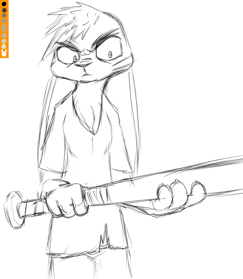 anthro baseball_bat bat_(object) disney ears_down female frown_eyebrows guide_lines hair hi_res judy_hopps lagomorph leporid mammal pivoted_ears rabbit scar simple_background solo spoof_(artist) white_background zistopia zootopia