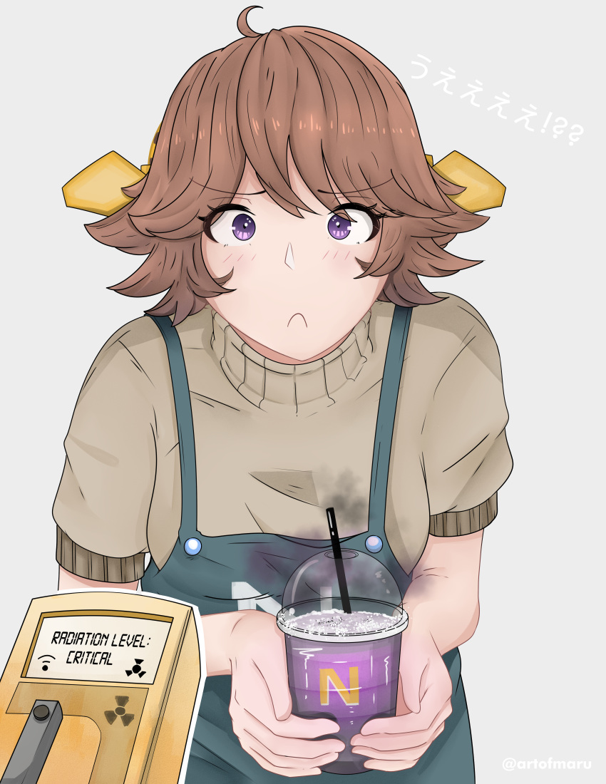 1girl absurdres alternate_costume apron bananamaru blush brand_name_imitation brown_hair brown_sweater cup disposable_cup drinking_straw flipped_hair frown geiger_counter green_apron grey_background grimace_shake_(meme) headgear hiei_(kancolle) highres holding holding_cup kantai_collection mcdonald's meme milkshake purple_liquid short_hair short_sleeves simple_background solo sweater