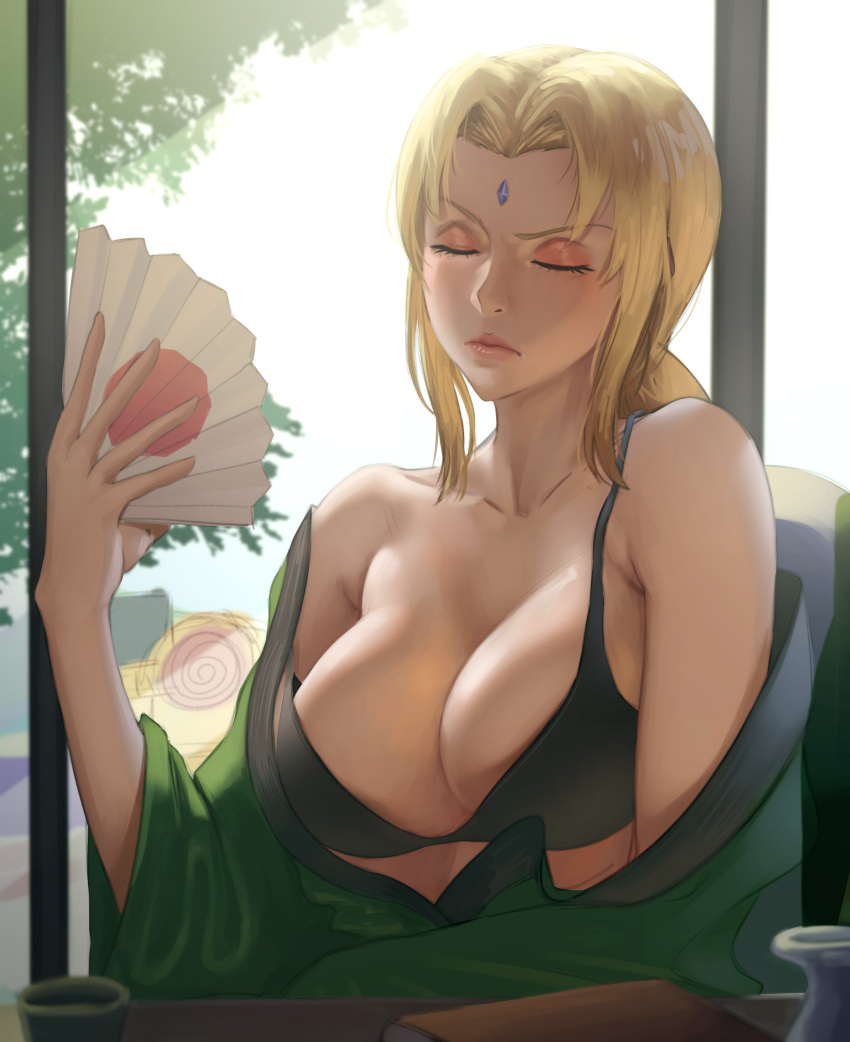 1girl absurdres armpit_crease black_bra blonde_hair book bottle bra breasts closed_eyes closed_mouth collarbone cup desk eyeshadow fanning_self forehead_jewel green_kimono hair_intakes hand_fan hand_up highres holding holding_fan japanese_clothes kimono large_breasts lips makeup naruto naruto_(series) off_shoulder pink_eyeshadow pplord sake_bottle single_bare_shoulder sitting solo strap_slip tsunade_(naruto) underwear upper_body window