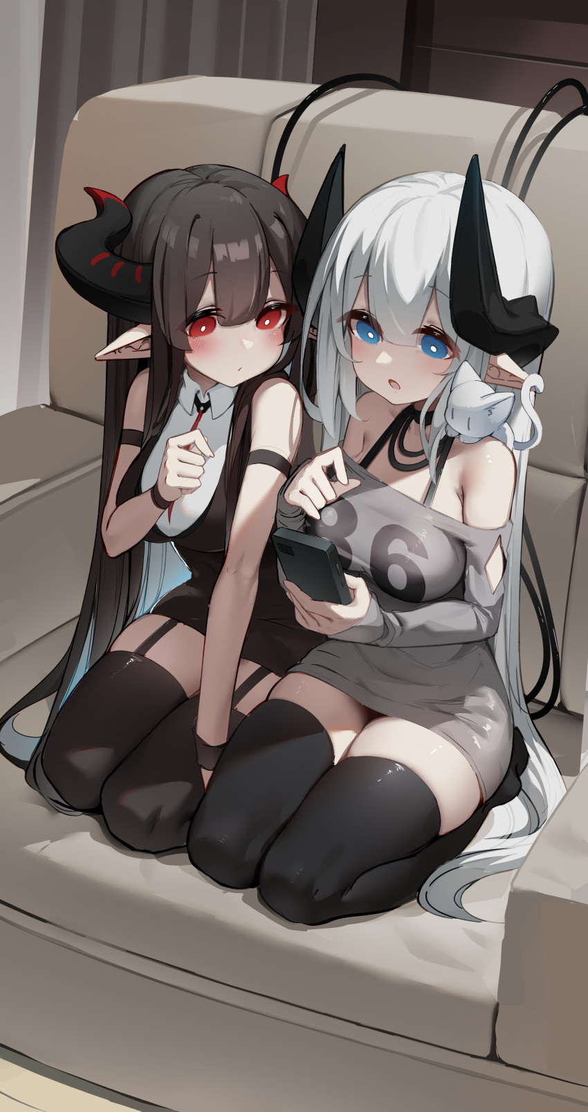 2girls :o absurdres animal_on_shoulder arm_strap bare_shoulders black_choker black_horns black_thighhighs blue_eyes blush bright_pupils brown_hair cat cellphone choker closed_mouth collared_dress colored_inner_hair couch curled_horns demon_girl demon_horns demon_tail dress full_body garter_straps grey_dress hair_between_eyes hand_up hands_up highres holding holding_phone horns huizhiyin indoors legs_together light_blush long_hair long_sleeves looking_at_phone looking_down looking_to_the_side multicolored_hair multiple_girls multiple_necklaces number_print off-shoulder_dress off_shoulder on_couch open_mouth original phone pointy_ears red_eyes seiza short_dress sitting skindentation sleeveless sleeveless_dress sleeves_past_wrists smartphone straight_hair tail thighhighs very_long_hair white_cat white_hair white_pupils wristband zettai_ryouiki