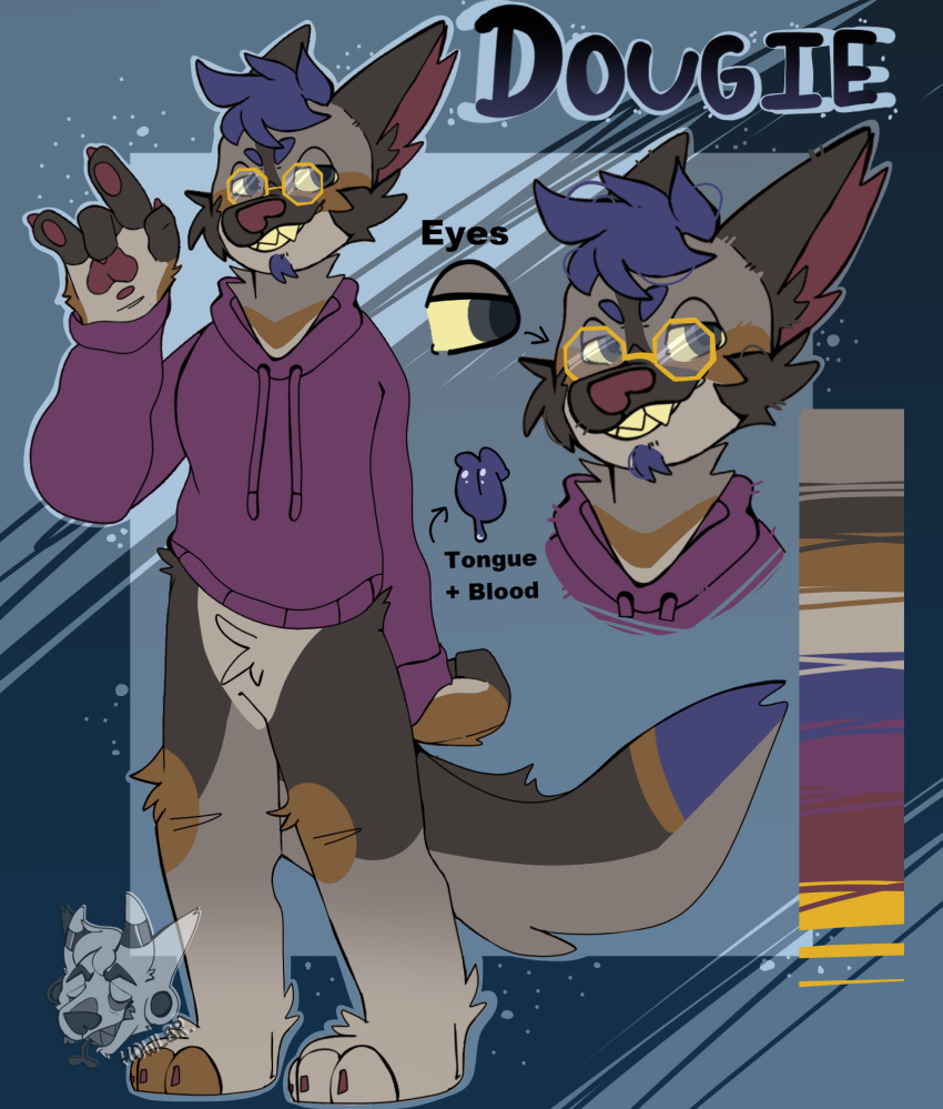 anthro blue_hair canid canine canis clothing furry german german_shepherd_mix hair hi_res hybrid jacket male mammal purple_clothing purple_jacket purple_topwear shepherd topwear wolf