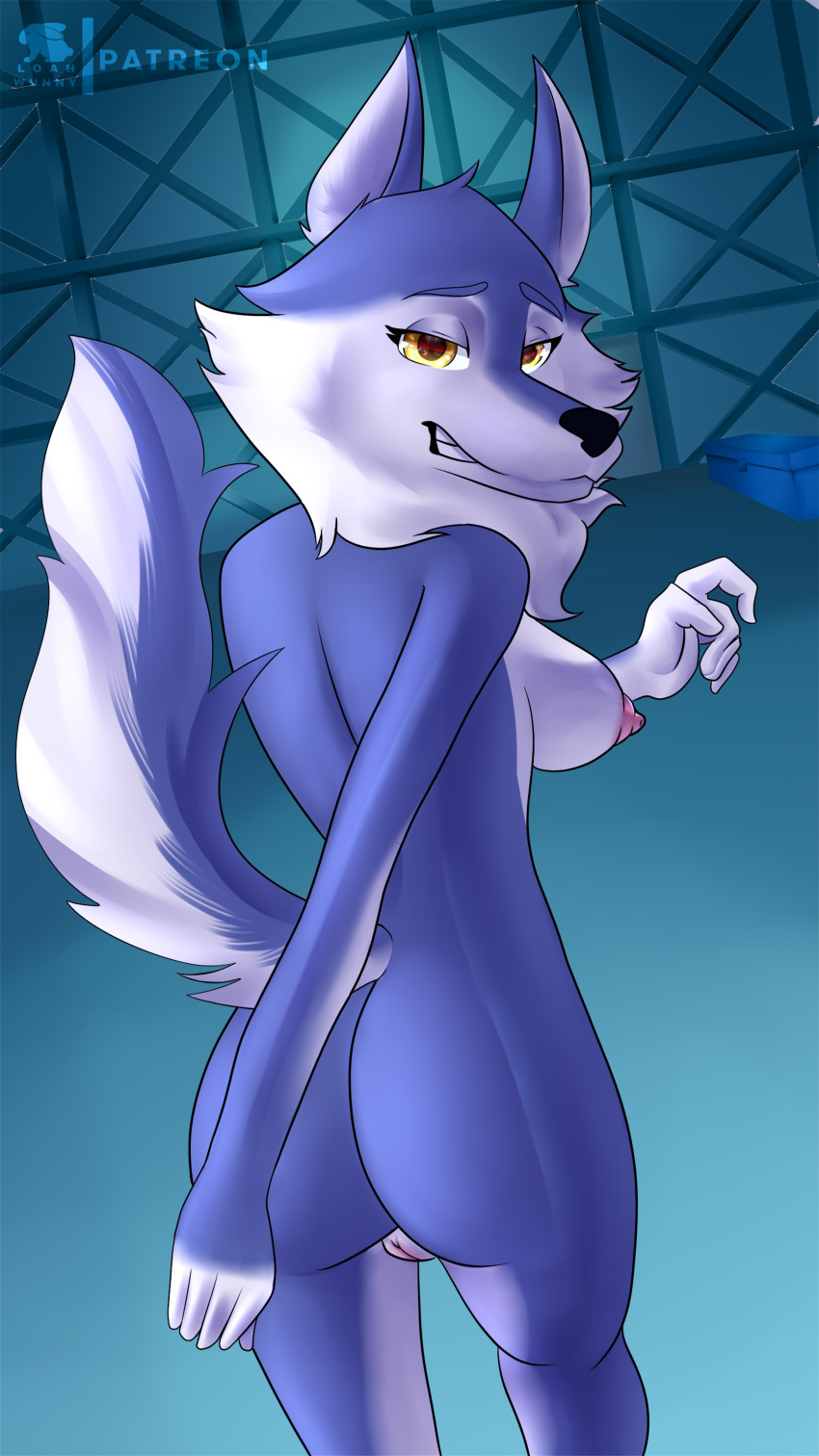 absurd_res alternate_version_at_source anthro blue_body blue_fur breasts butt canid canine canis digital_drawing_(artwork) digital_media_(artwork) female fur genitals hi_res humanoid illumination_entertainment mammal nude porsha_crystal pussy sing_(movie) smile solo white_body white_fur wolf