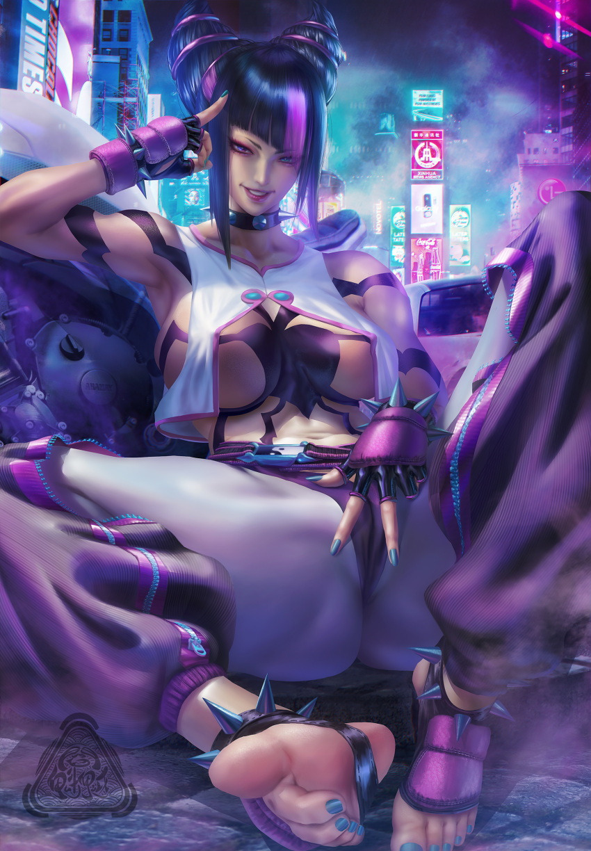 1girl baggy_pants black_hair bracelet breasts center_opening collar feet fingerless_gloves gloves grin hair_horns halterneck han_juri highres jewelry kuiyanxu large_breasts looking_at_viewer multicolored_hair nail_polish neon_lights panties_over_leggings pants purple_hair sitting smile solo spiked_anklet spiked_bracelet spiked_collar spikes street_fighter toeless_legwear toenail_polish toenails